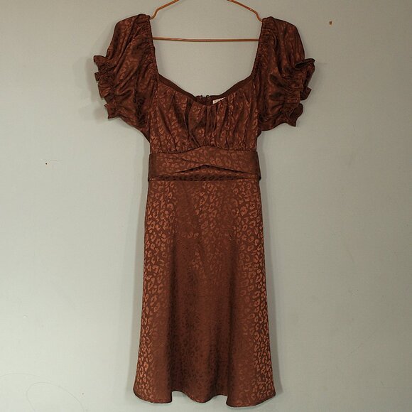 'Mi Ami' brown leopard print tie string baby doll a line mini dress - Picture 2 of 4